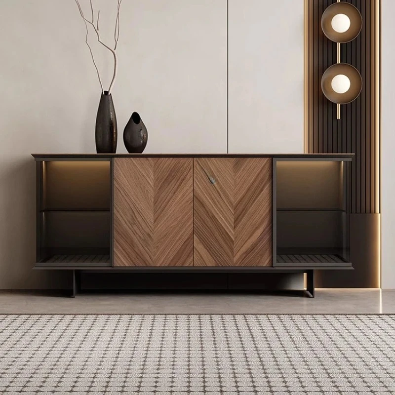 

Italian light luxury solid wood walnut dining side cabinet wine cabinet living room glass storage display cabinet