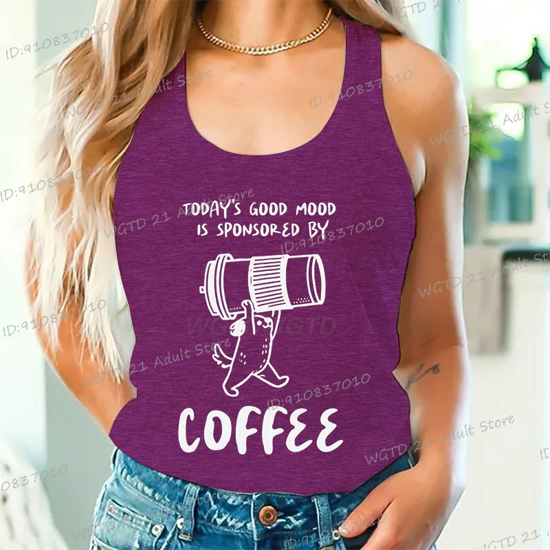 Ropa divertida con estampado de café y perro para mujer, camiseta sin mangas sin mangas con texto en inglés "¡El buen estado de hoy", chaleco de algodón para mujer