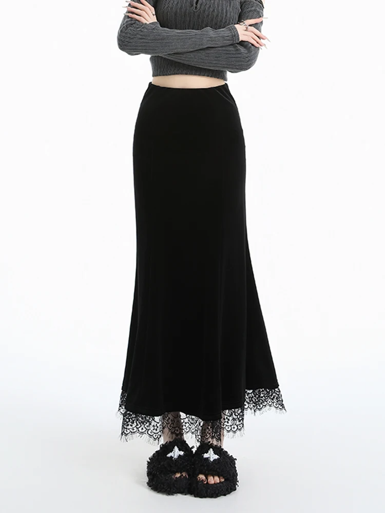 

Длинная юбка с высокой талией, кружевными вставками и эффектом стройности, из бархата, для женщин, осень-зима, новинка