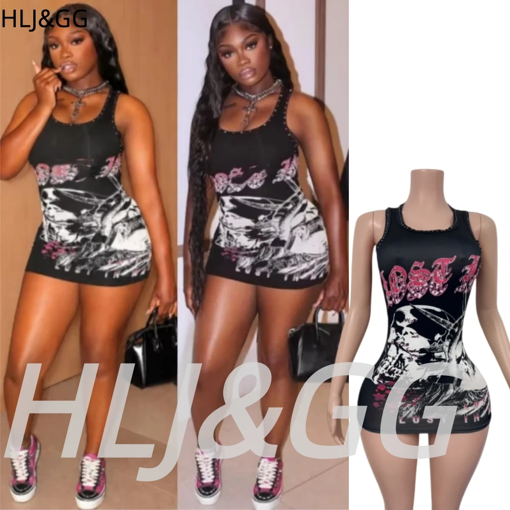 HLJ&GG Black Trend Letter Pattern Print Bodycon Mini Dress Women Sleeveless Slim Vestidos Retro American Style Streetwear Dress
