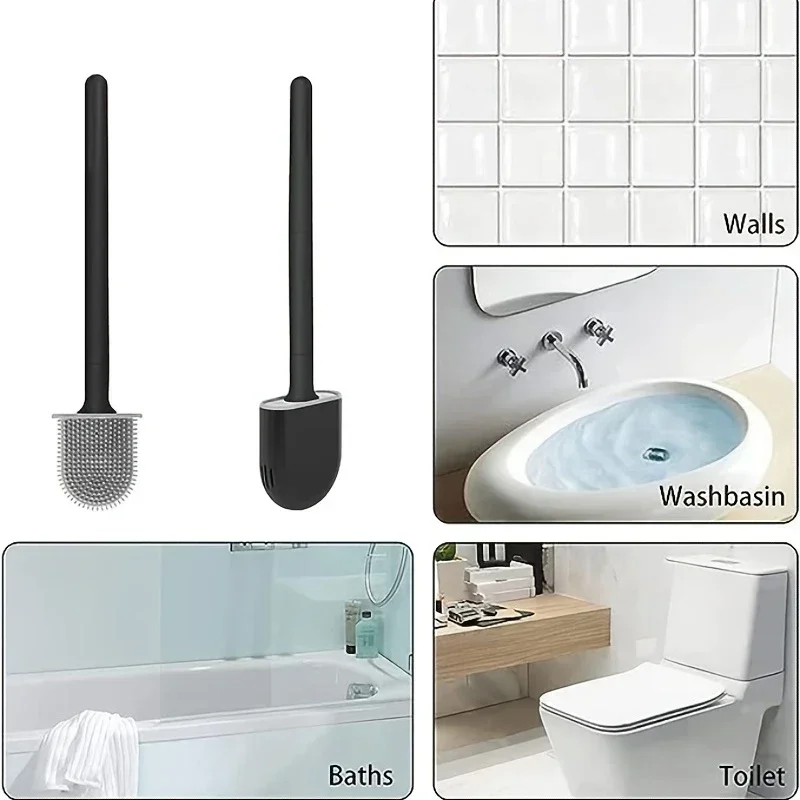 فرشاة تنظيف فرشاة المرحاض من السيليكون، رأس مسطح، مرن مثبت على الحائط، مجموعة حامل فرشاة تنظيف المرحاض السوداء للحمام المرحاض #4