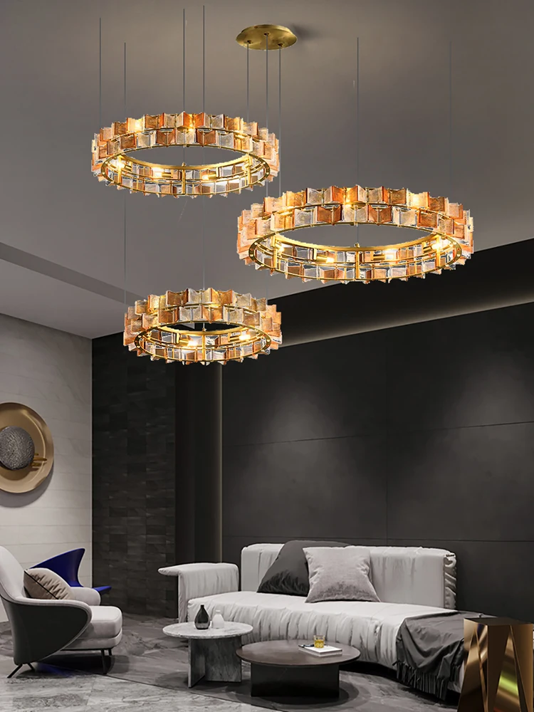 

Art Amber Glass Modern Designer Chandeliers LED Golden Hanging Lamp for Ceiling Living Room Lighting Fixture Modern Home Lustre