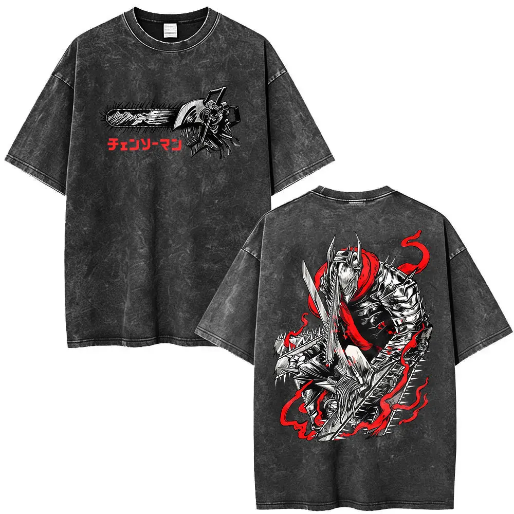 New Anime Chainsaw Man Vintage Washed T Shirts Japan Manga Denji Pochita Graphic T-shirts Men's Short Sleeve T-shirt Streetwear