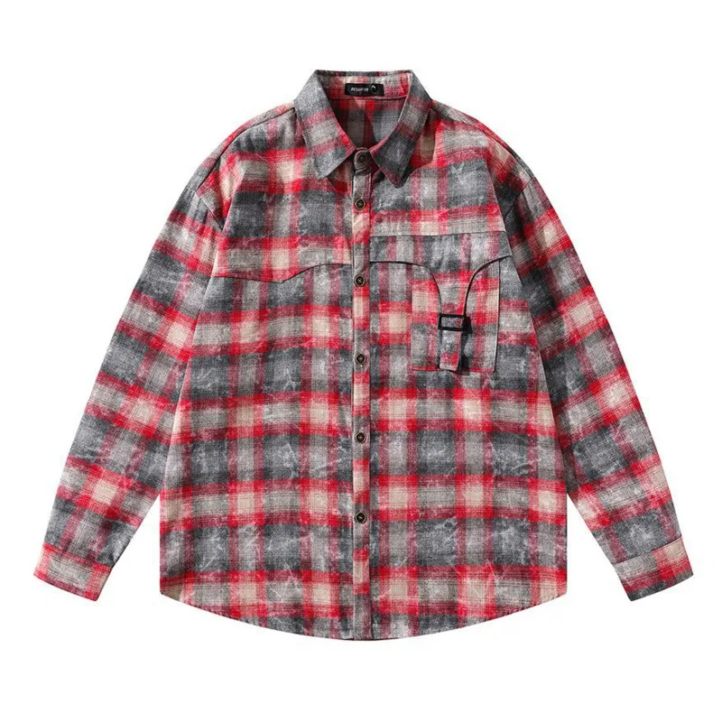 

Autumn Men's Casual Loose Plaid Long Sleeve Shirt Hip Hop Distressed Brushed Single Button Vintage Wear Relaxed Fit Shirt Unisex