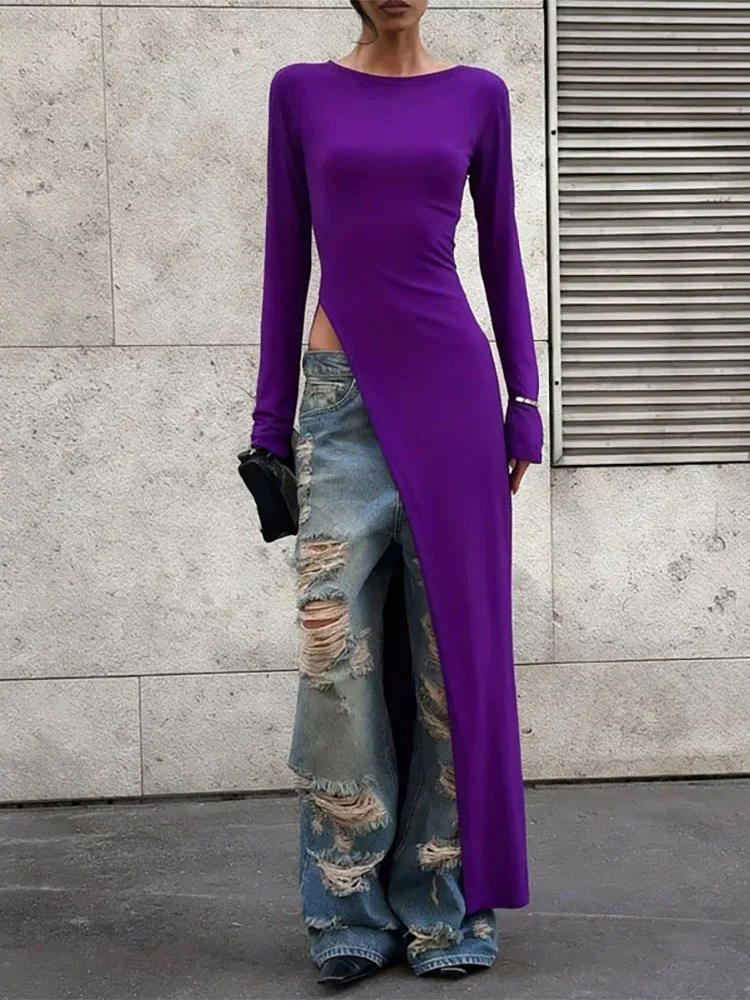 Sukienka damska z asymetrycznym dekoltem typu O, codzienna, z długim rękawem, w jednolitym kolorze, długa sukienka 2025, elegancka, z wysokim stanem, wyszczuplająca sukienka na imprezę.