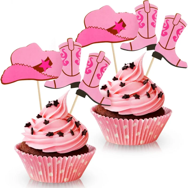 24 Uds. De sombrero y botas de vaquero, adornos para magdalenas, decoraciones occidentales para tarta de cumpleaños, suministros de fiesta para Baby Shower, evento temático de vaquera