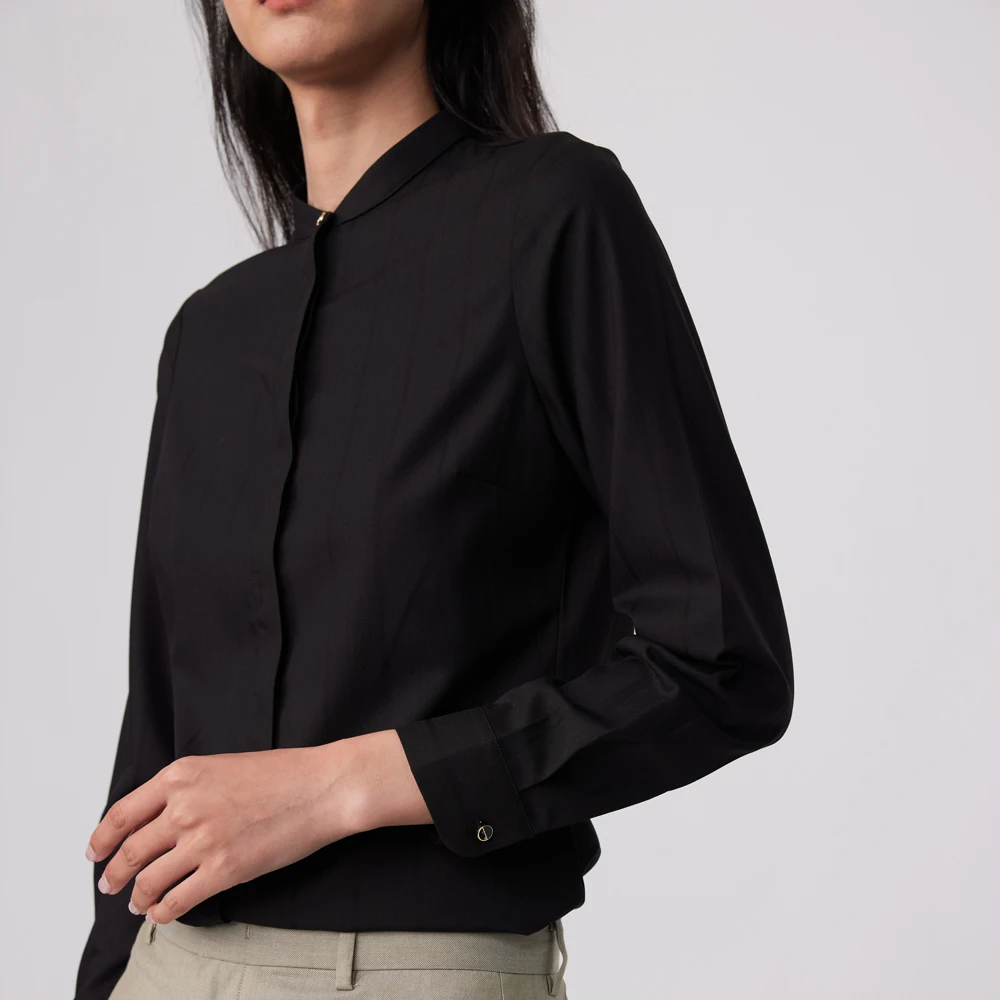 Camisa de manga larga con cuello levantado para mujer, camisa con solapa oculta abotonada sin bolsillo, blusa informal ajustada para oficina