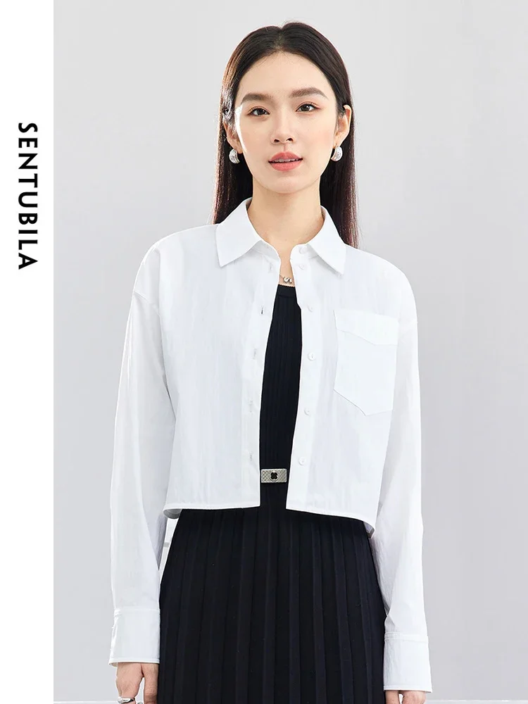 SENTUBILA ボタンアップ白クロップドシャツ女性 2025 春秋ファッション綿ブラウスドロップスリーブトップス女性服 141C52946