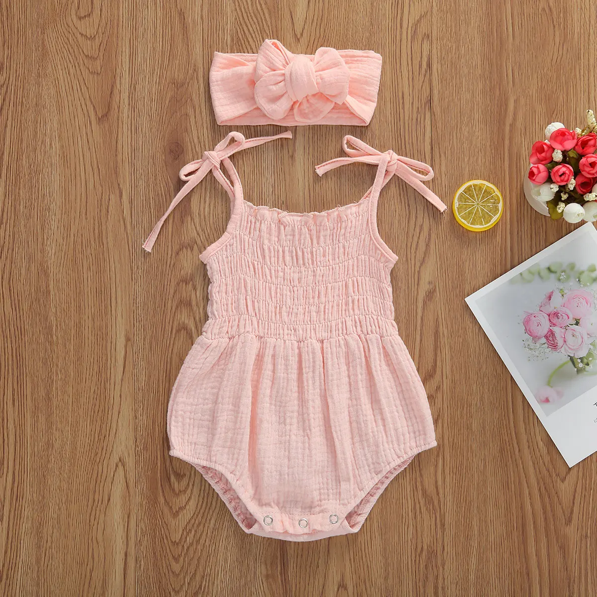 Newborn Baby Girls Cotton Linen Tie-up Bodysuits Romper Sleeveless Strap Jumpsuits+Headband 2Pcs Summer Solid Outfits Beachwear