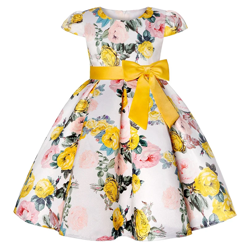 Vestido de flores de siete colores para niñas, ropa de verano con lazo grande, vestido de princesa de Navidad, regalo de fiesta de cumpleaños de 2 a