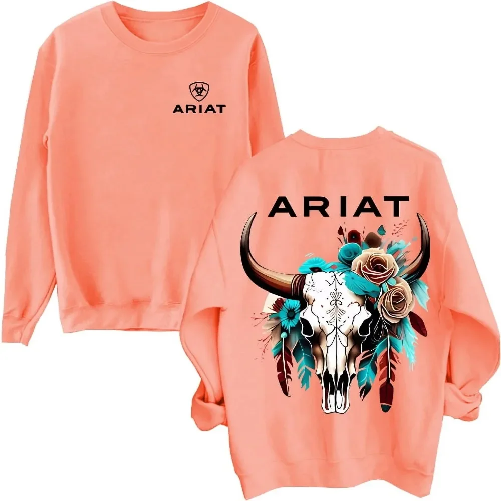 Ariat Sweatshirt, Unisex Sweatshirt Featuring A Wild Bull Skull Design With Intricate Floral Patterns, Casual Sweatshirt