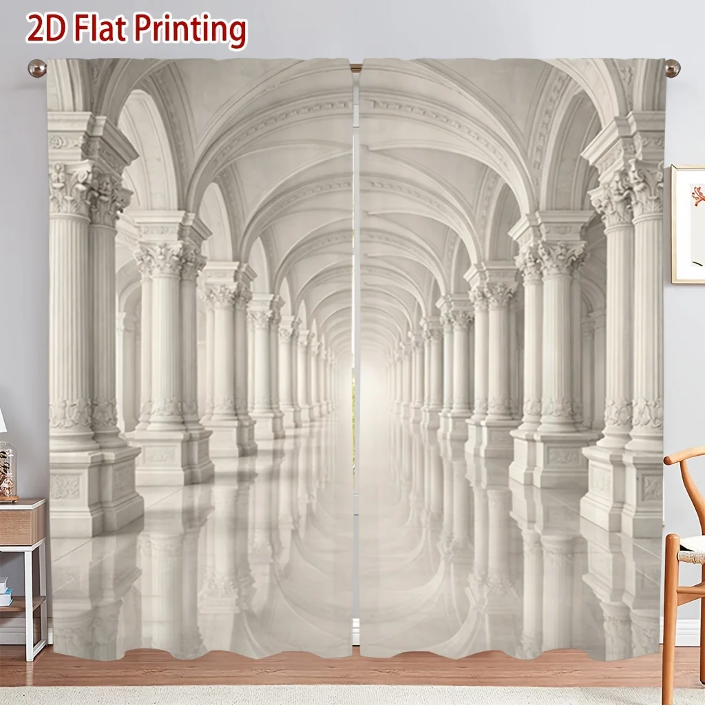 European Architecture Arcade Rod Pocket Light Filtering Curtains 2 Panel Classic Drapes for Living Room Bedroom Decor