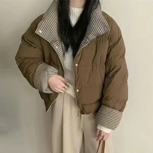 

Winter New Sle Korean ort Plaid Du down Jaet Women Loose Small Size Match All Bread Casual Straight Cut Warmth