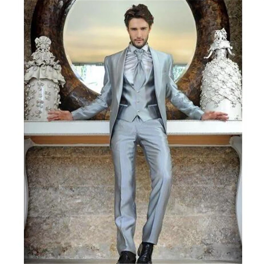 Latest Silver Satin Wedding Suits For Men 3Pieces(Jacket+Pants+Vest+Tie) Trajes De Hombre Tuxedo Suit Men Blazer Terno Masculino