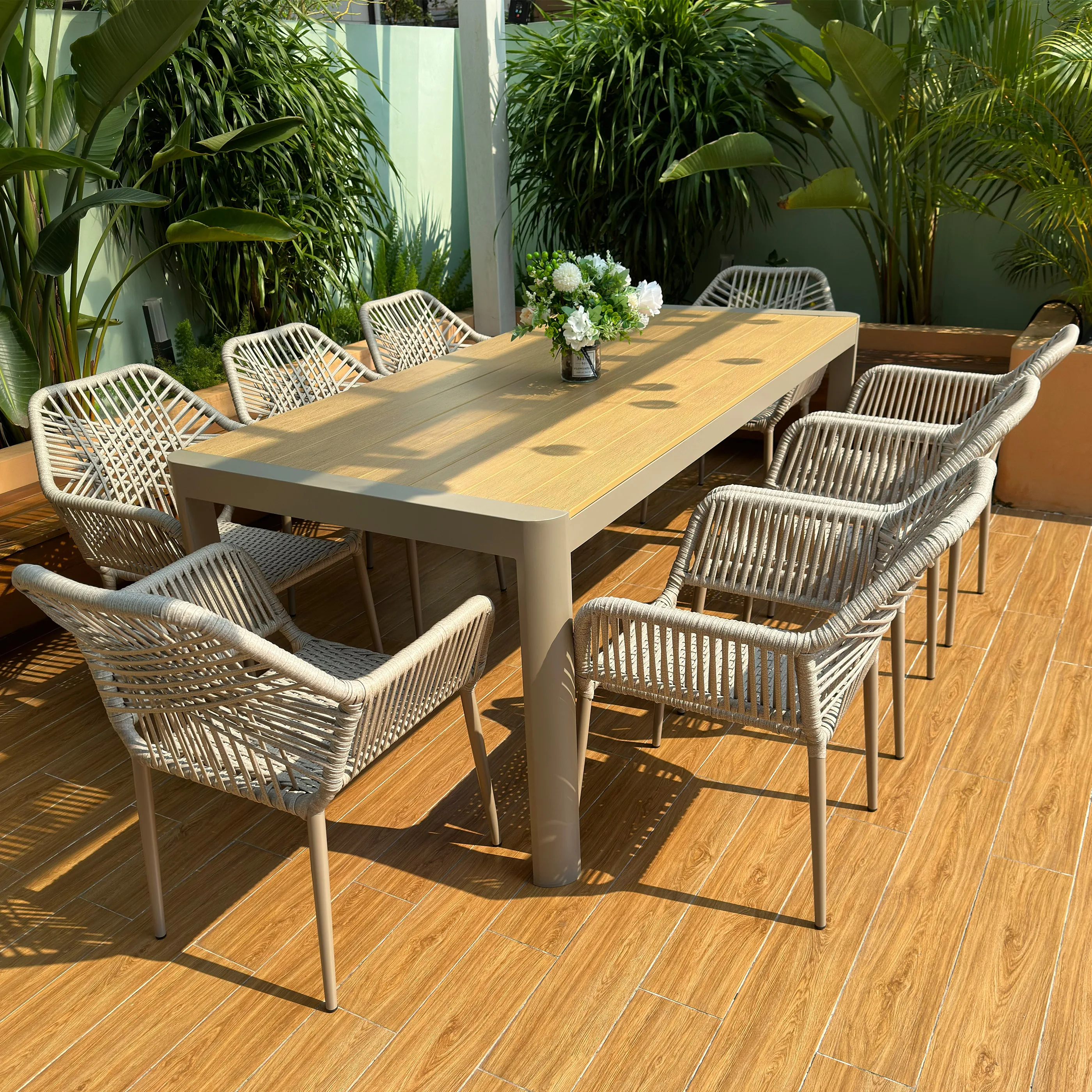 

Outdoor garden tables and chairs Nordic casual plastic wood rattan chairs Open-air garden waterproof and sunscreen outdoor tea t