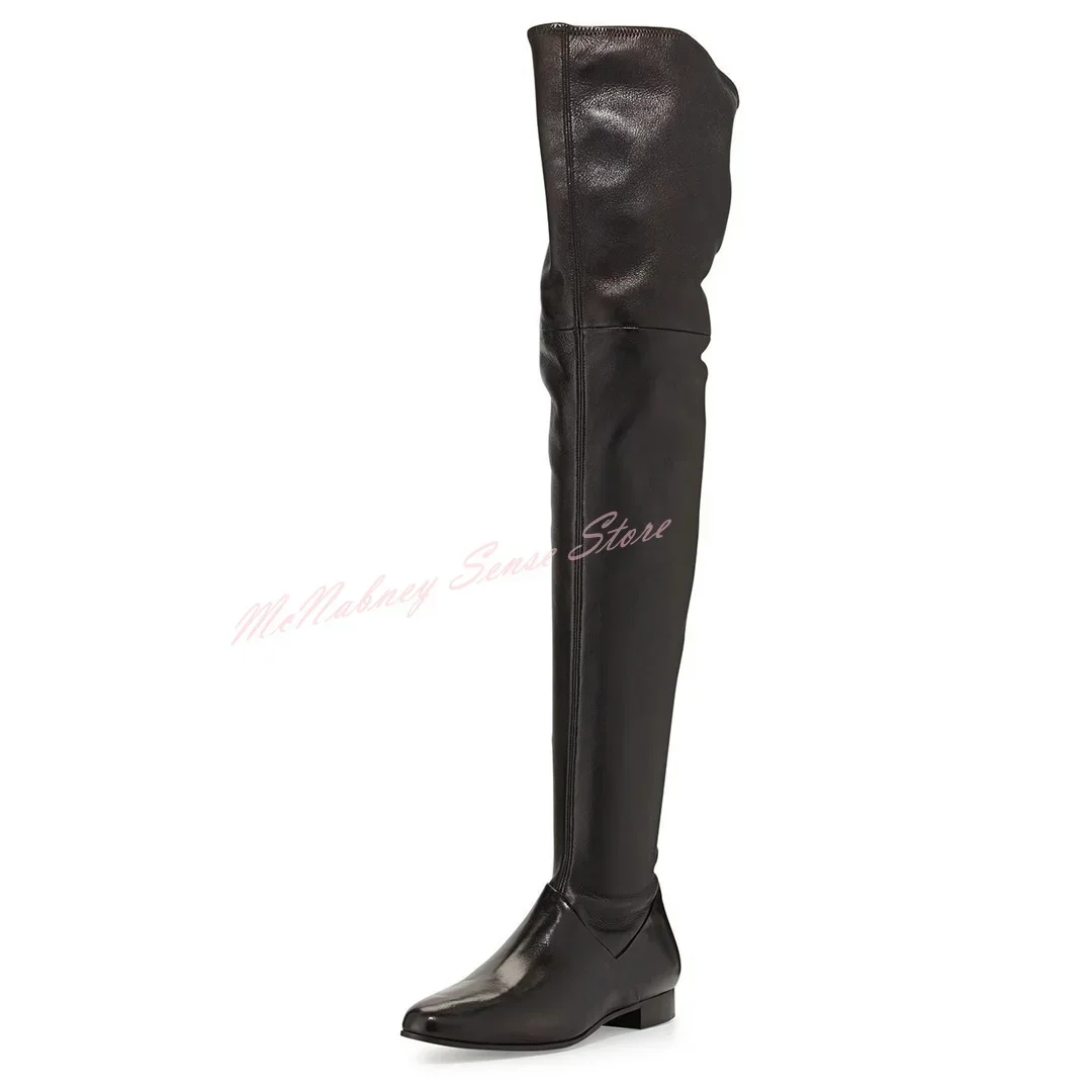 Round Toe Flat with Boots Over The Knee Solid Leather New Style Boots Women Sexy Shoes Winter Party Casual Designer Side Zipper