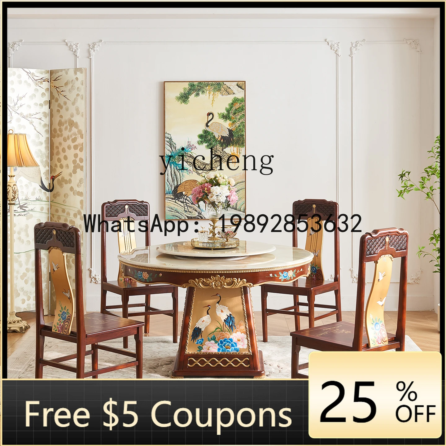 

H26 Villa Solid Wood Marble Large Dining Table Round Dining Table