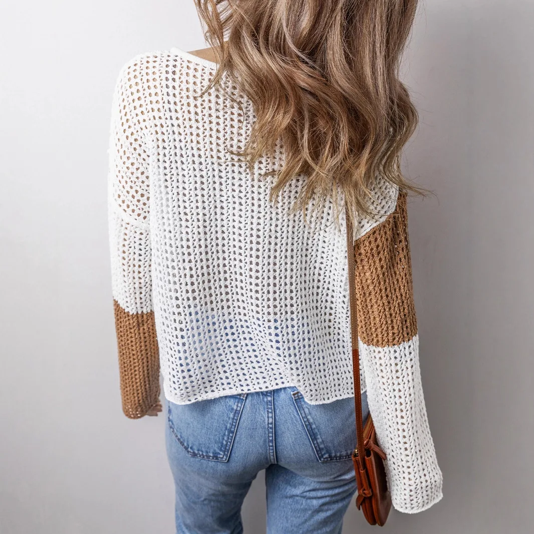 Foreign trade cross-border hot sale autumn new V-neck women's European and American casual  color matching hollow sweater women