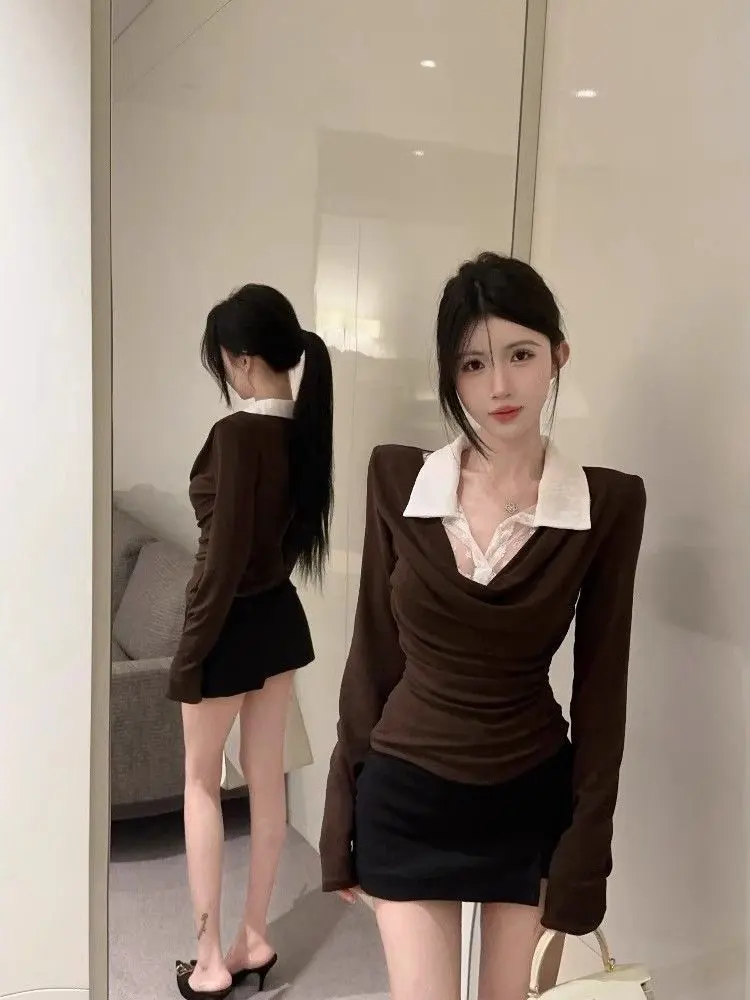 Impresionante encaje empalme largo Sve camiseta mujer invierno puro deseo gota-oldro Base irt ropa interior viaje Sle coreano...