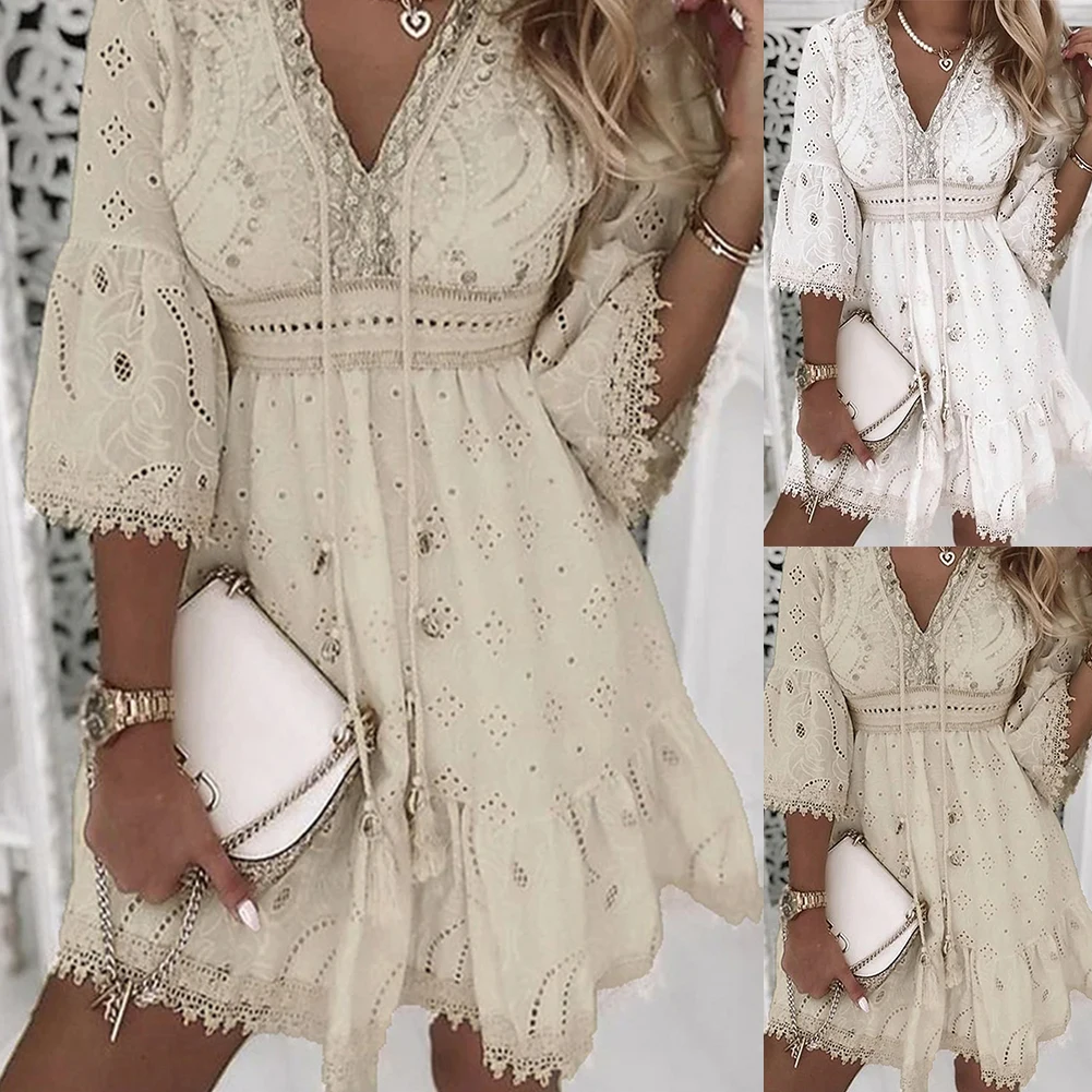 ボディコン女性ドレスビーチデイリーホリデーVネックホワイト通気性カジュアル快適エレガントフリンジ軽量