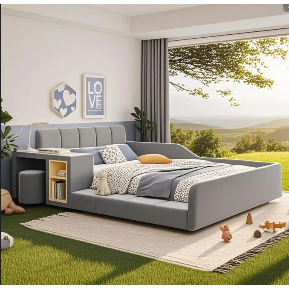 Modern Queen Size Upholstered Grounded Bed Mother & Child Bed Velvet Fabric Upholstered Floor Platform Bed with Bedside Desk