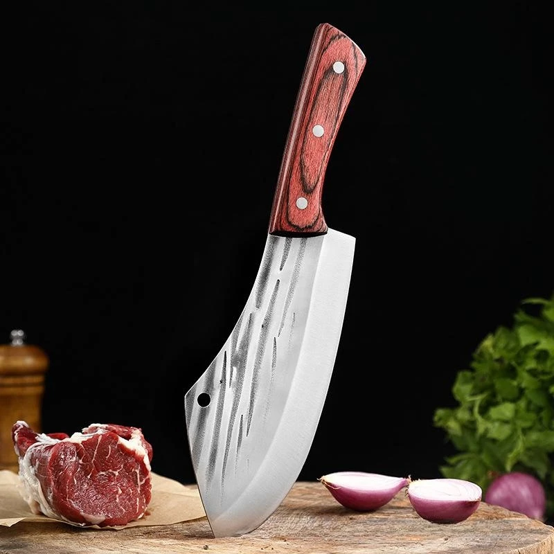 Bone Kitchen Knife Forged Stainless Steel Cleaver Cut Butcher Meat Vegetables Slicing Knife Hammer Grain Red Colored Wood Handle