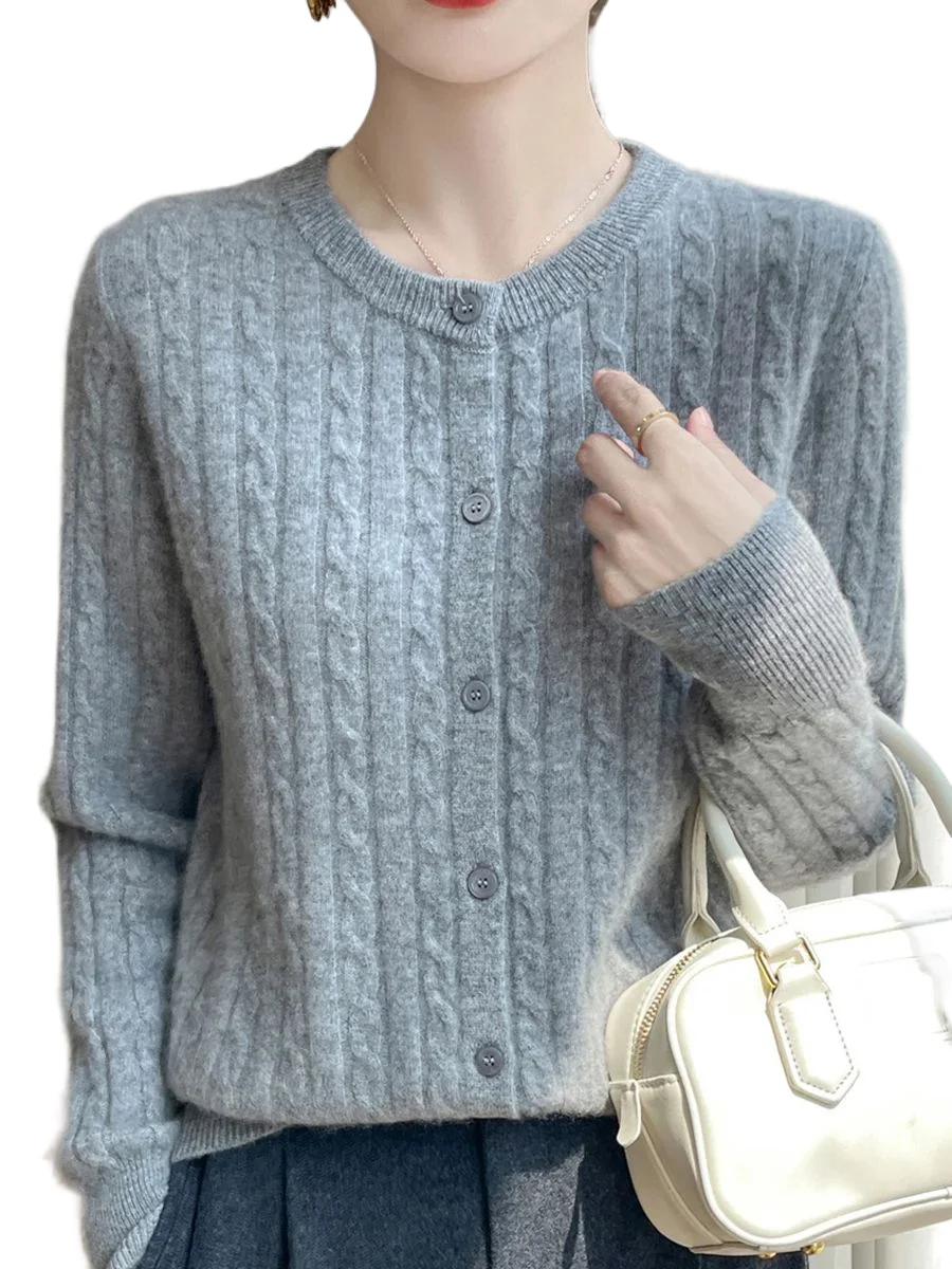 

Classic O-neck Sweater Women's Knitted Twisted Flower Cardigan Solid Long Sleeved Loose Spring Single Breasted Top