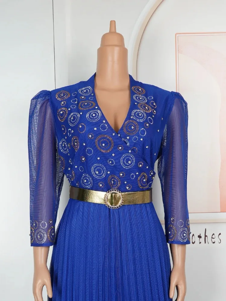 

Elegant Party Women Evening Dress V Neck Sheer Mesh Three Quarter Sleeve Waist Belt Rhinestone Pleated African Banquet Prom