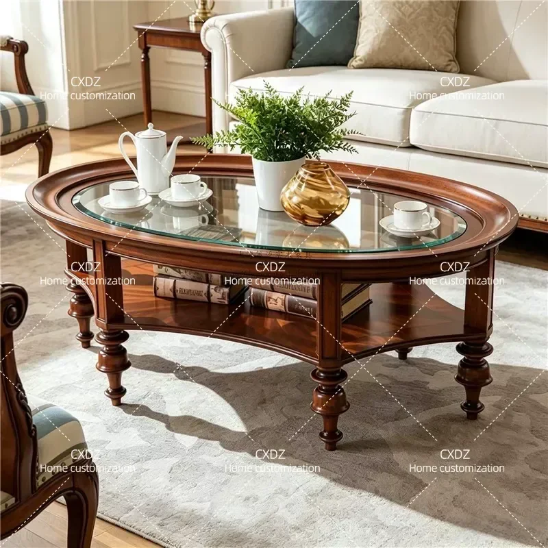 Solid Wood Oval Coffee Table with Tempered Glass Top Modern Simple Retro Design for Living Room Balcony Tea Table Furniture