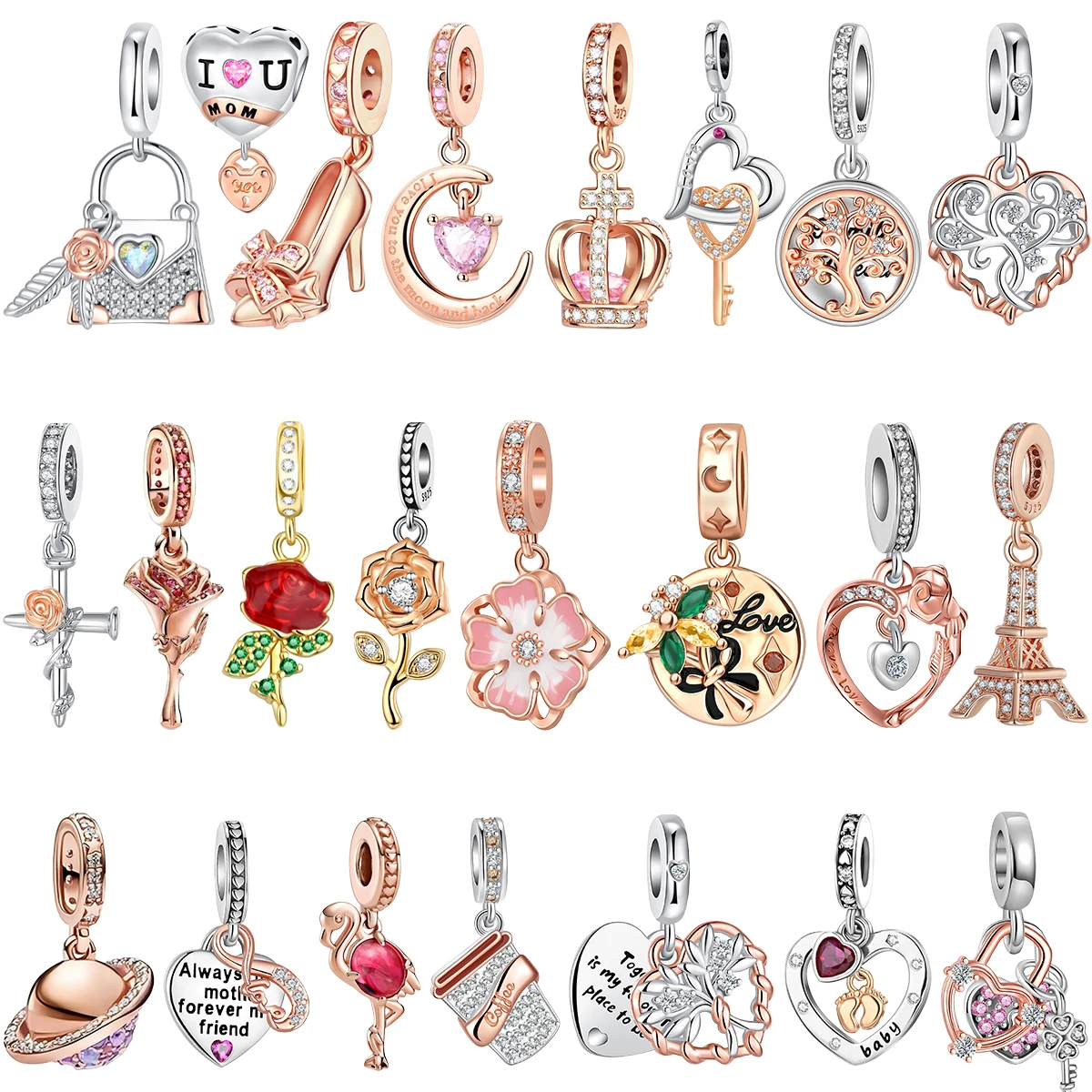 

Sparkling Rose Gold 925 Sterling Silver Charms High Heels Rose Ball Tree Bead Fit Original Bracelet Pendant Present Jewelry Gift
