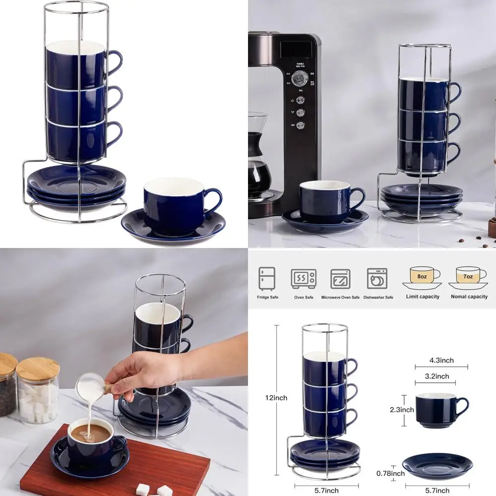 

8 ounce porcelain cappuccino cups with saucers and silver stand, navy cups set of 4