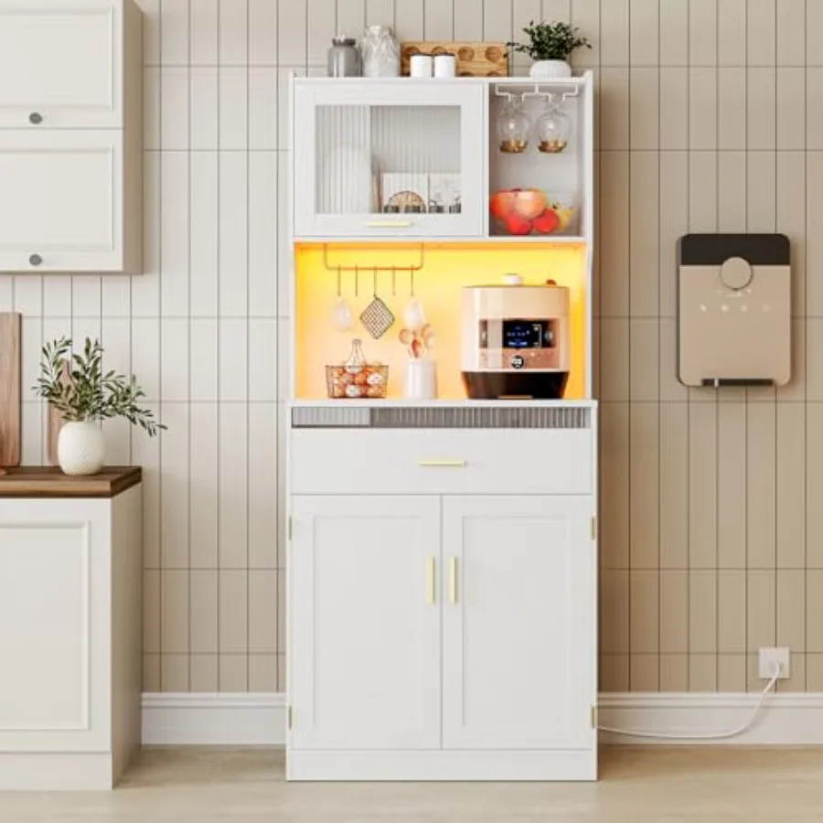 خزانة مخزن 67 خزانة تخزين مخزن المطبخ مع أضواء LED ومحطة شحن خزانة القفص الحديثة مع ستان الميكروويف