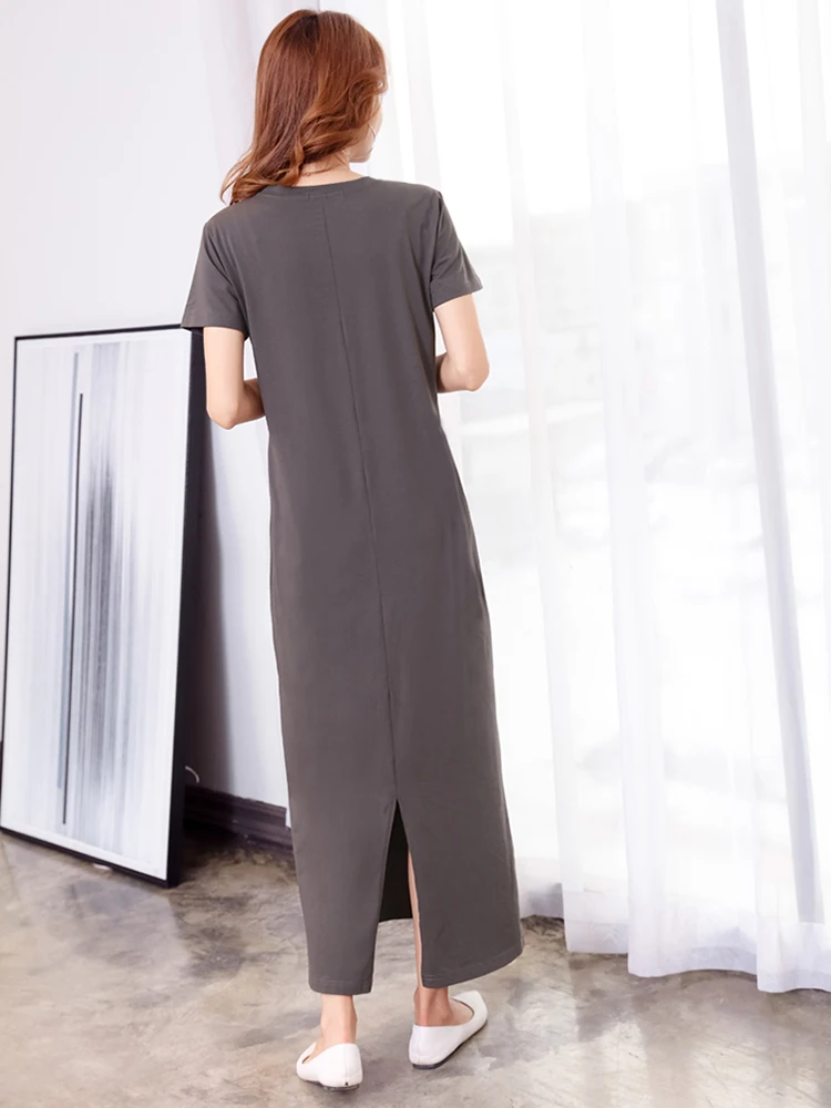 New Women Summer Cotton T-shirt Dress Fashion O-Neck Short Sleeve Loose Long Dress Simplicity Casual Mid-Calf T-shirt Dress