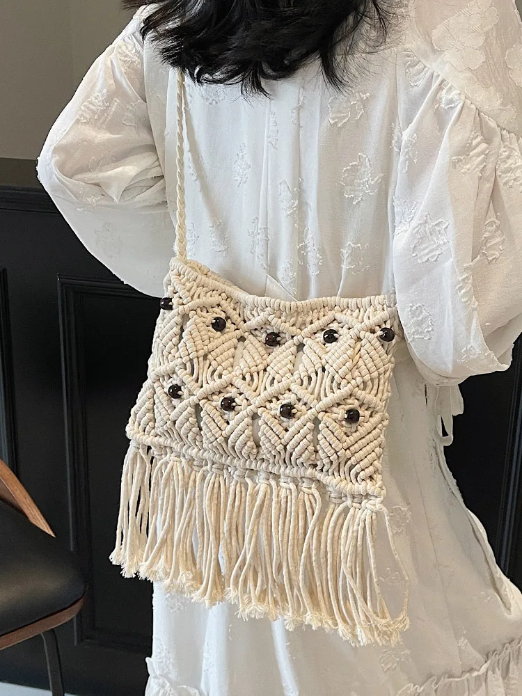 

n Tassel Woven Small Crossbody Bag Women's Casual Beach Vaion Beachside Single oulder Bag French Sle Soft Fabric