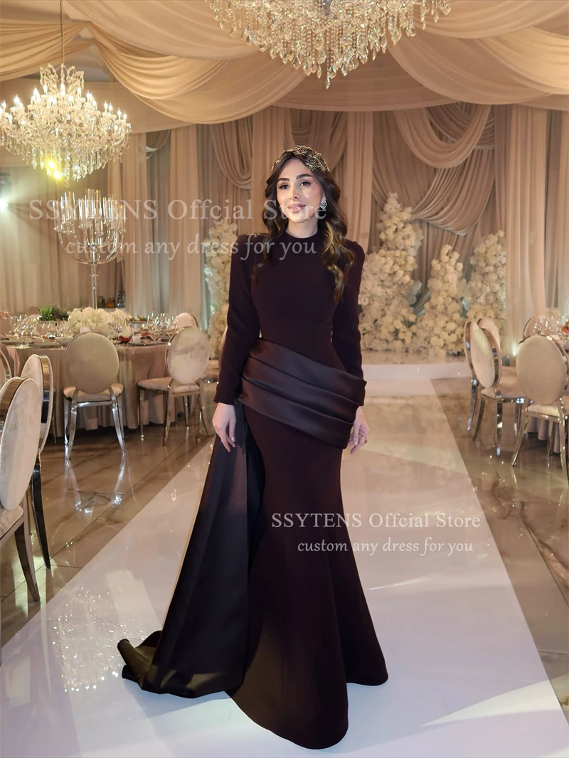 SSYTENS Arabskie Sukienki Wieczorowe Dekolt Okrągły Długie Rękawy Elastyczna Satyna Szyte na Miarę Syrenka Brązowe Suknie na Bal Studniówkowy Vestidos De Noche