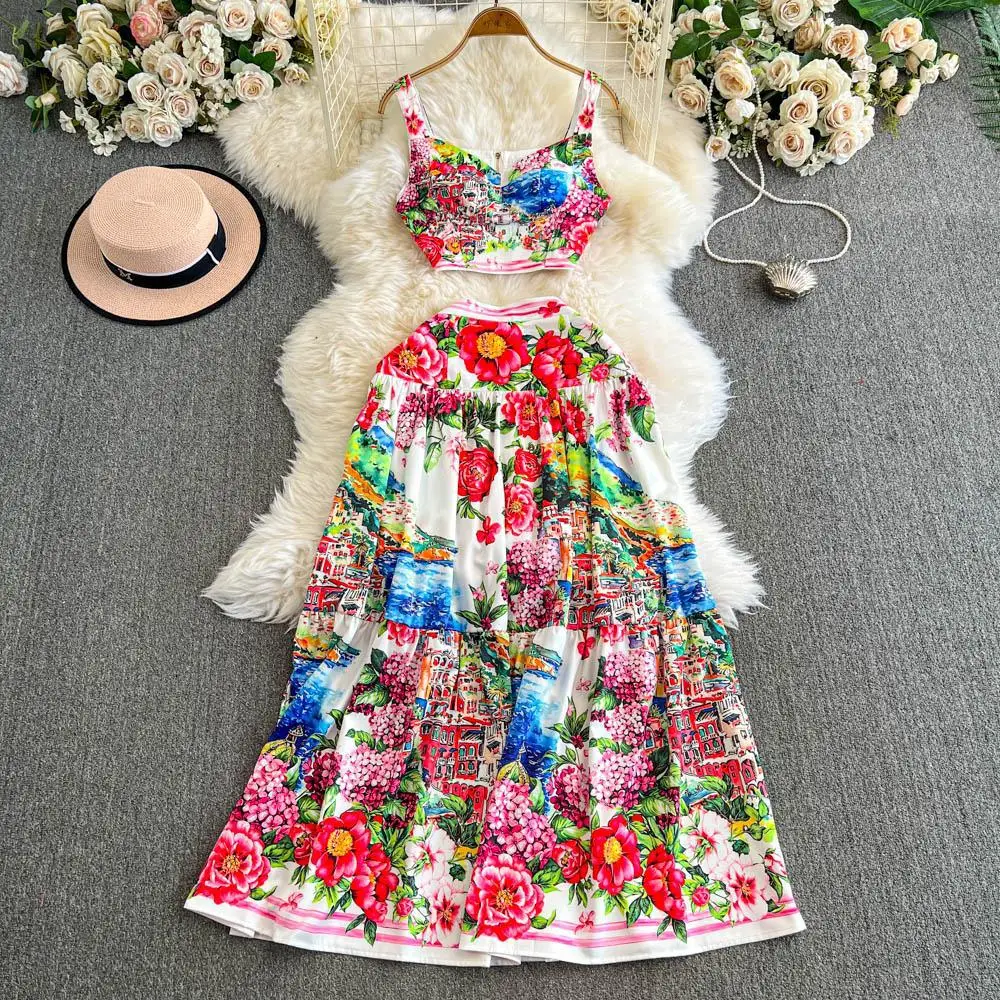 Moda feminina pintura a óleo impressa colheita superior cintura alta e efeito de emagrecimento grande saia balanço estilo férias conjunto de duas peças