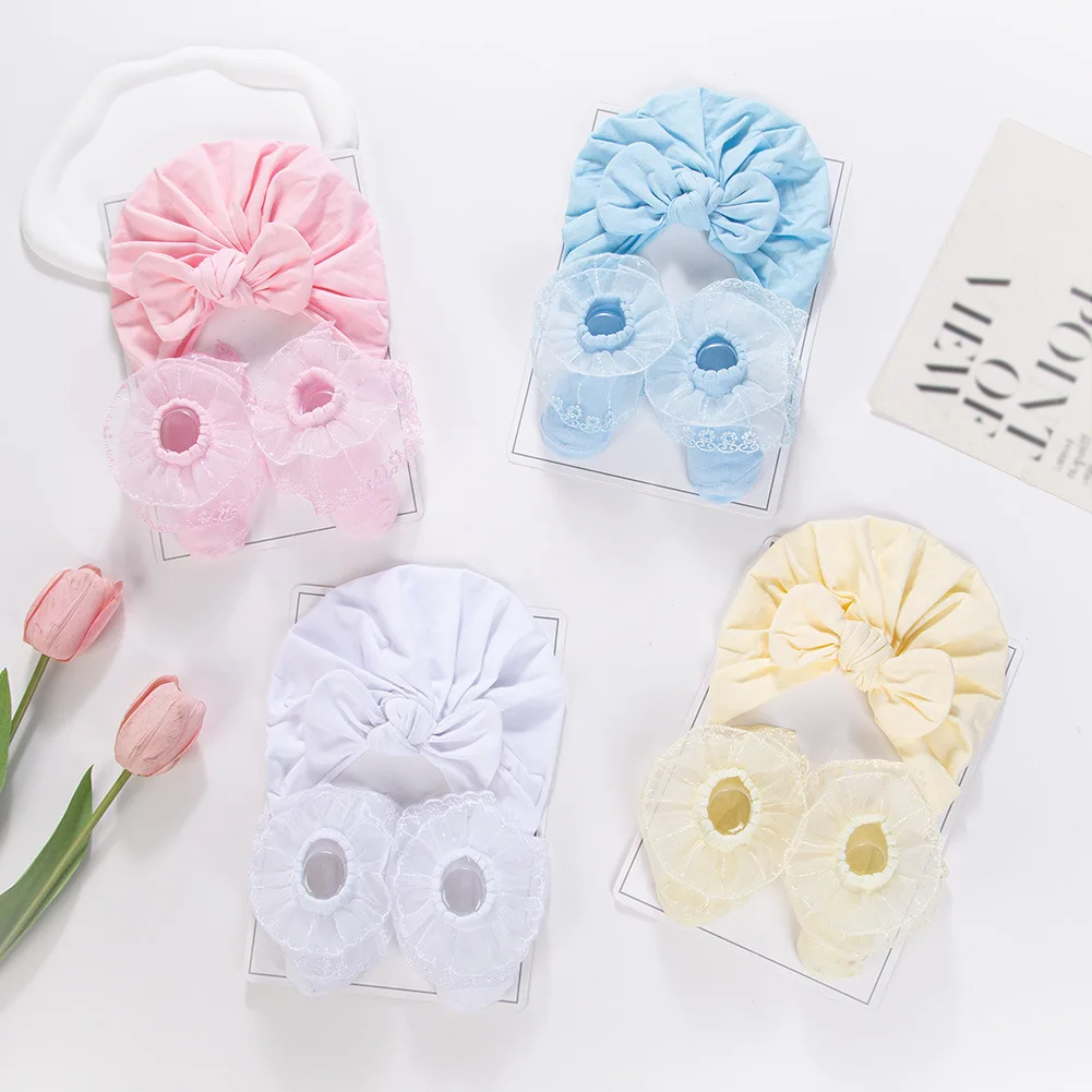 0-1Y Newborn Soks Beanie Set for Photography Hair Accessories Baby Girls Bowknot Bonnet Pink Lace Soks Bow Hat for Toddler Photo