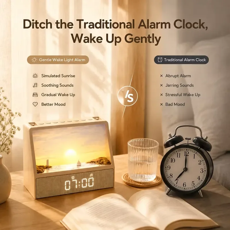 10W 3D Sunrise Simulation LED Alarm Clock with Bluetooth Speaker White Noise Digital Display USB Powered Bedside Lamp for
