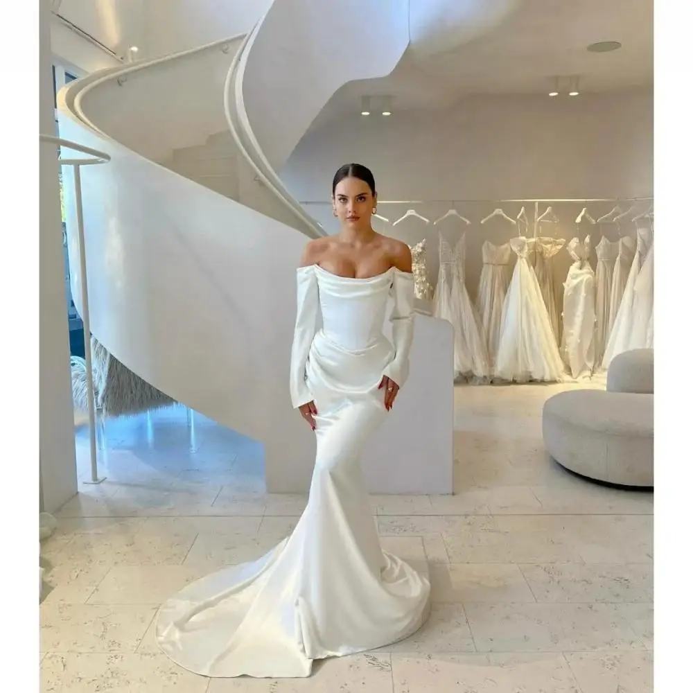 

Simple White Satin Bridal Gown Customized Floor-Length Wedding Dresses Strapless Long Trail Vestidos De Fiesta