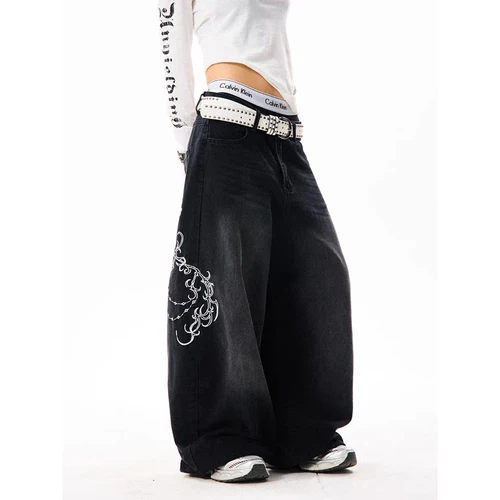 Imagen 2 del producto YIBASHU, pantalones vaqueros holgados Y2K con bordado Vintage para mujer, pantalones vaqueros de pierna ancha de cintura alta para mujer, pantalones Harajuku Retro americanos 2000s
