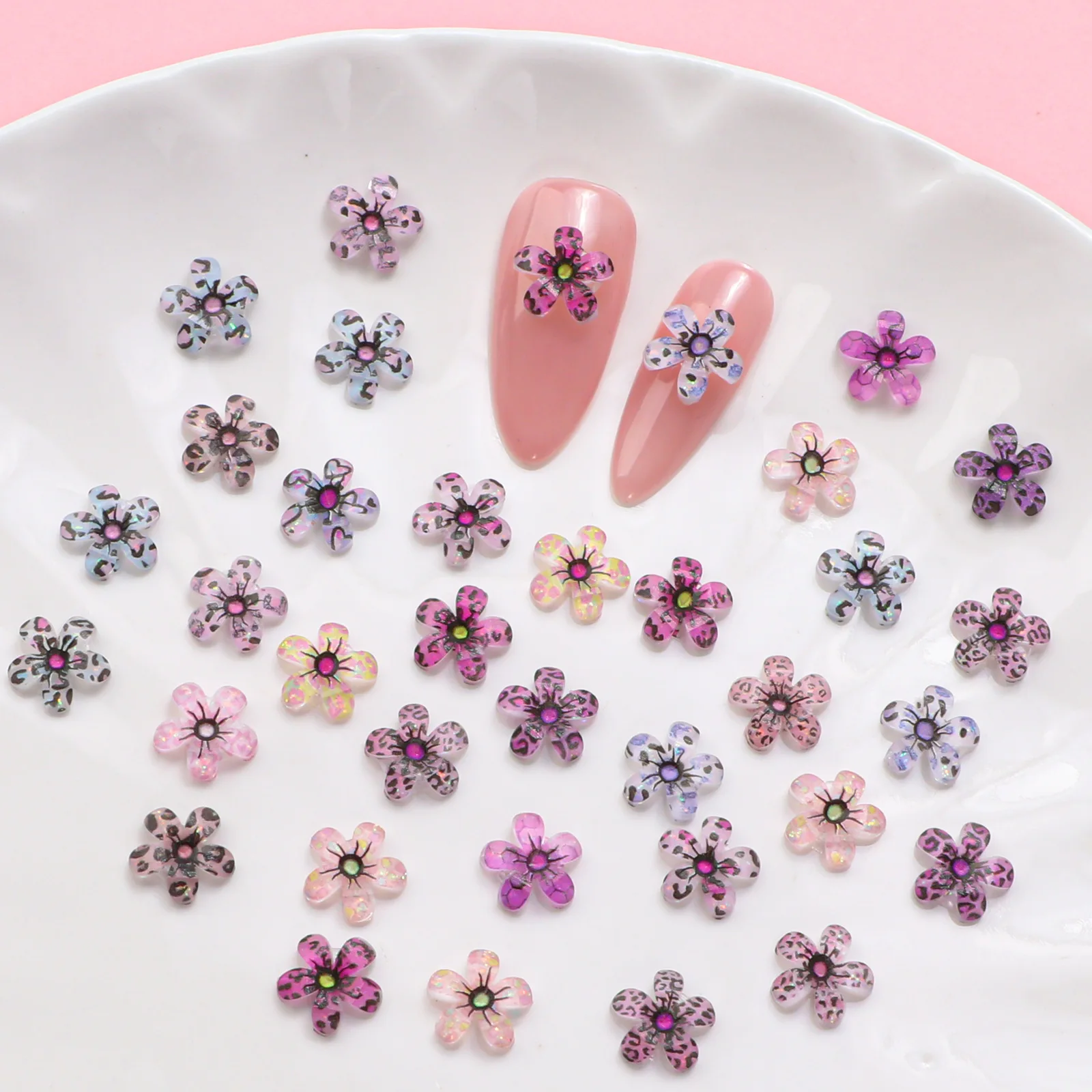 50pc 3d acrílico leopardo impressão cinco pétalas flor arte do prego encantos acessórios para outono unhas decoração design manicure suprimentos