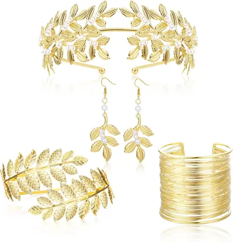 Greek Goddess Costume Accessories for Women Gold Headpiece Upper Arm Cuff Bracelet Dangle Earring Goddess Gold Jewelry Set for Bridal Wedding Toga Party