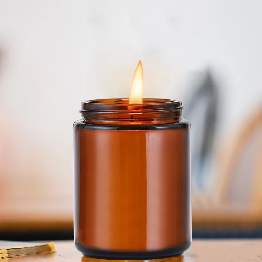 200ML Aromatherapy Candle Container Brown Cup Refillable Circular Jar Glass Bottle With Aluminum Lid Plastic Lid