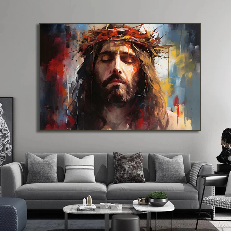 Jesus Christ Crown of Thorns Painting Print on Canvas The Lion of Judah Good Shepherd Poster Wall Art Christian Home Decor