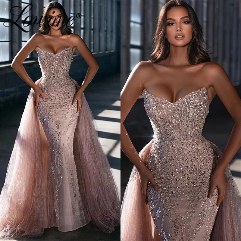 Pink Strapless Mermaid Evening Dresses Luxury Crystals Long Prom Dress for Women Wedding Party Second Reception Engagement Gowns