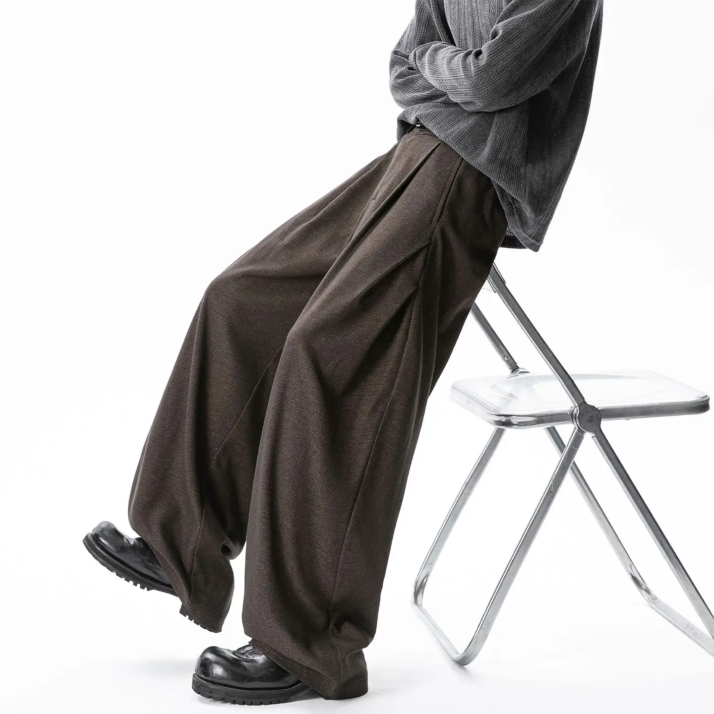 Three-dimensional Pleated Machete Casual Pants Men Autumn Structural Segmentation, Retro Old Money Imitation Denim Long Pants