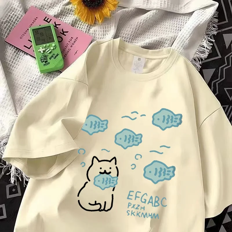 Unisex Cute Cat Eating Fish T-shirt Simple Line Cartoon Graphic Print Short Sleeve Casual Loose Soft Cotton Streetwear Tee Tops