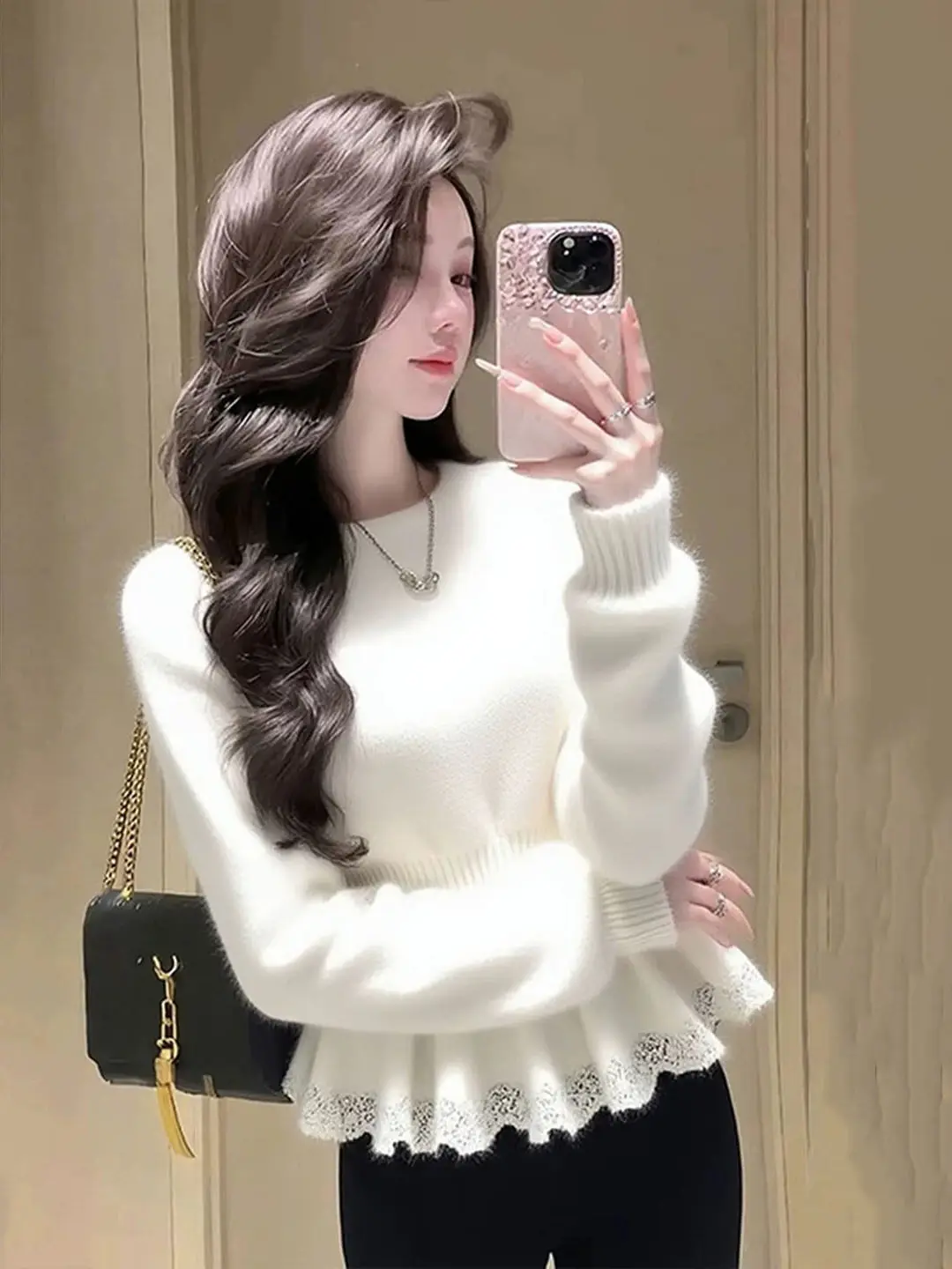 

Women's Long Sve Knitted Base irt Spring Faion 2026 New Sle Slimming Top with Lace Hem Korean Sle Soft Fabric