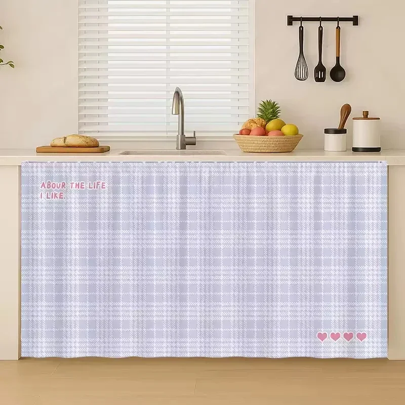 VIKAMA No-Drill Hook-and-Loop Cabinet Cover Curtain Gingham Check Short Curtain for Under Sink Kitchen Cupboard Decor