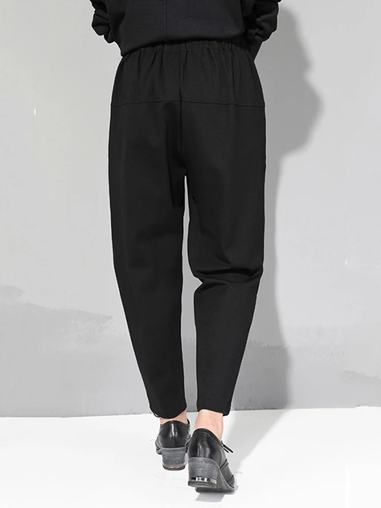 [EAM] 2024 nueva primavera otoño cintura alta elástica negro suelto Patchwork Split Joint Breves pantalones mujeres moda marea JQ013